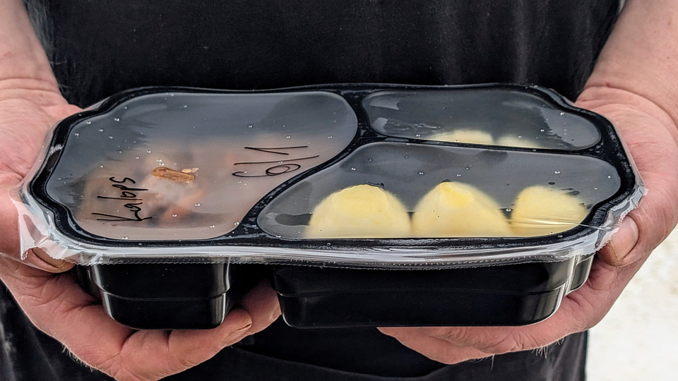 Två händer håller i en matlåda med potatis och kött