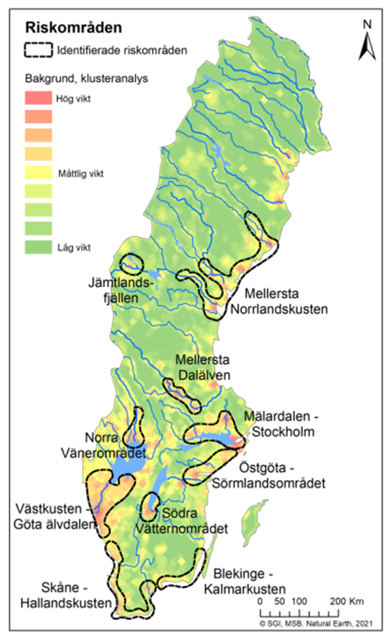 Bild 2. Identifierade nationella riskområden för ras, skred, erosion och översvämning (kust och vattendrag). Riskområden för ras, skred, erosion och översvämning. SGI, MSB